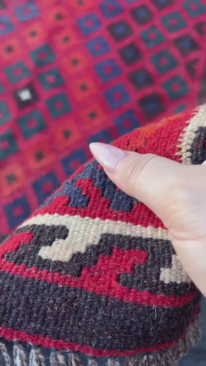3x4 (90x120) Handmade Vintage Afghan Kilim Rug | Blood Red Midnight Blue Black Burnt Orange Ivory | Hand Knotted Persian Turkish Wool