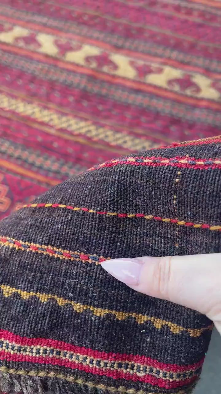 4x6 (120x185) Handmade Vintage Soumak Afghan Rug | Brick Red Black Gold Mustard Yellow Grey Geometric Hand Knotted Persian Turkish Wool Boho