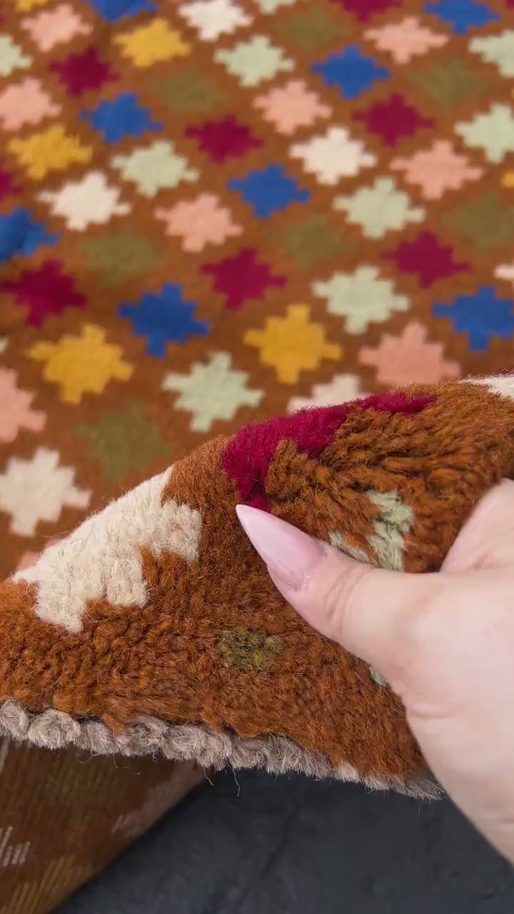 4x6 (120x215) Handmade Vintage Baluch Afghan Rug | Hazel Olive Brown Pink Blue Ivory Turquoise Garnet Red Gold Moss Green | Geometric Wool