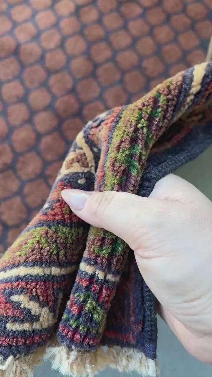 3x5 (100x180) Handmade Vintage Baluch Afghan Rug | Chocolate Brown Black Moss Green Cream Beige | Hand Knotted Oriental Geometric Wool