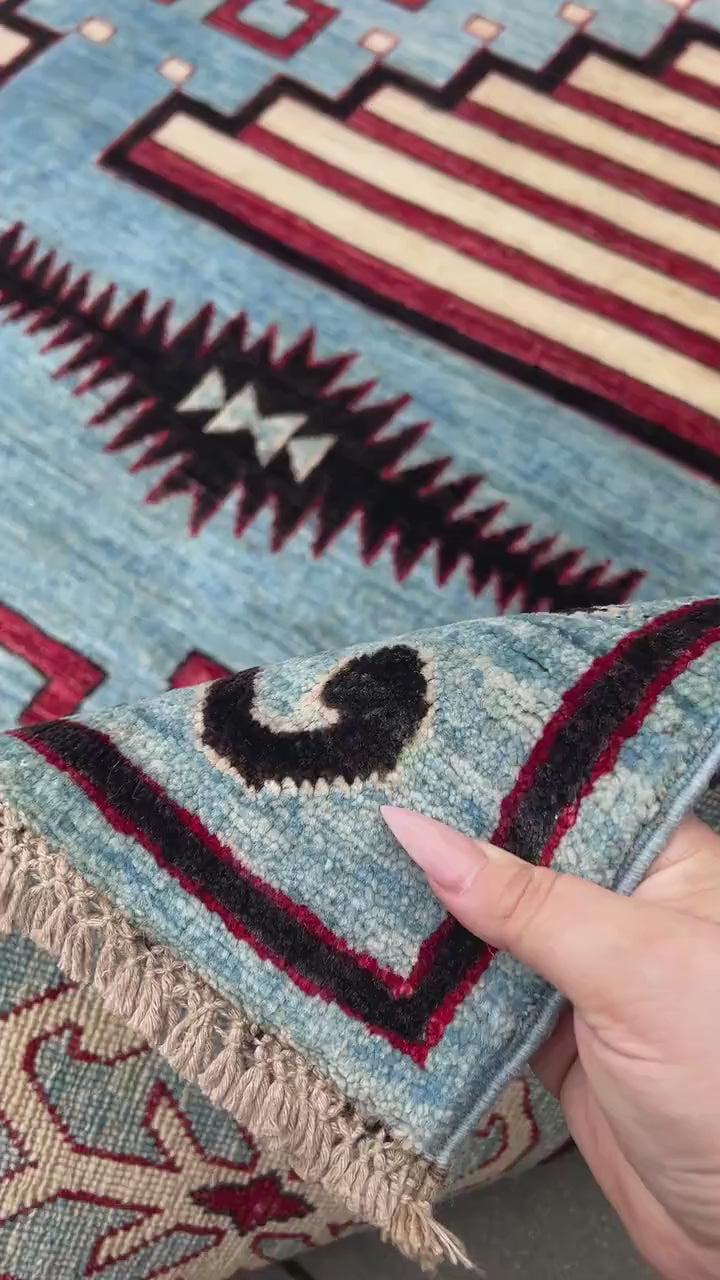 7x10 Fair Trade Handmade Afghan Rug | Muted Denim Sky Blue Brick Red Black Beige Ivory Cream | Turkish Persian Wool Hand Knotted Moroccan