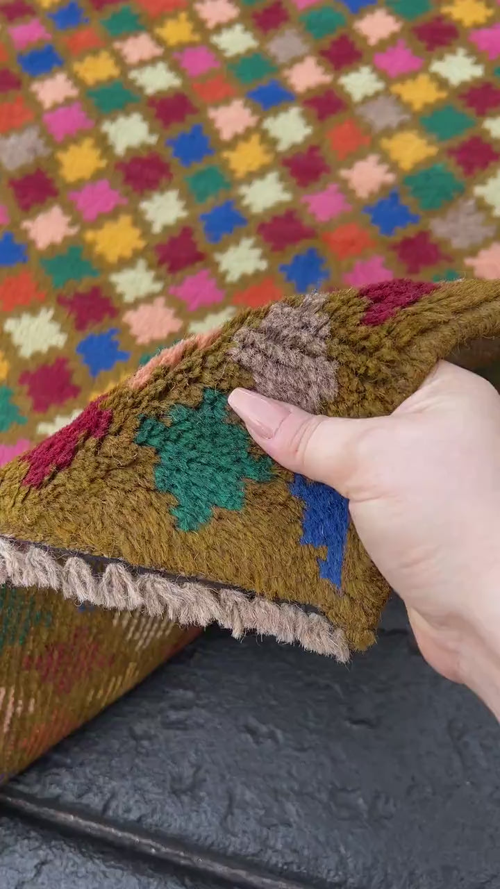 3x10 (90x305) Handmade Vintage Baluch Afghan Runner Rug | Copper Brown Blue Blush Pink Blood Red Burnt Orange Ivory Pine Green Taupe Pink