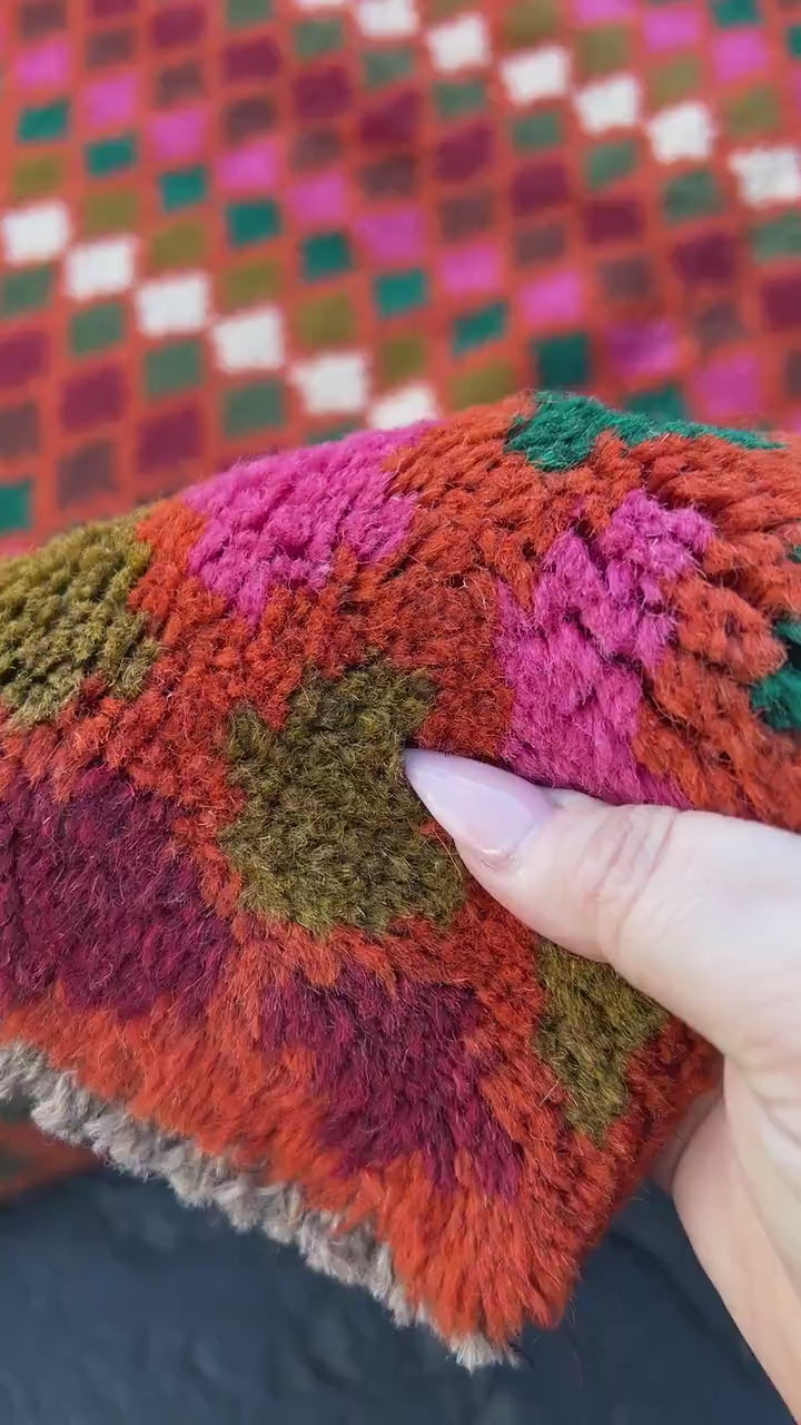 7x10 (215x305) Handmade Vintage Baluch Afghan Rug | Burnt Orange Pine Green Cream Beige Olive Green Rose Pink Blood Red | Geometric Wool