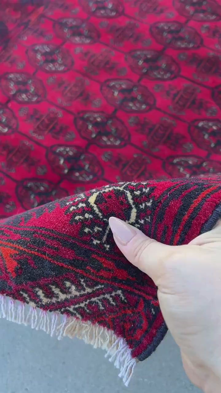 3x4 (90x120) Handmade Vintage Afghan Rug | Blood Red Black Cream Beige Hand Knotted Oriental Turkish Wool Persian Bohemian