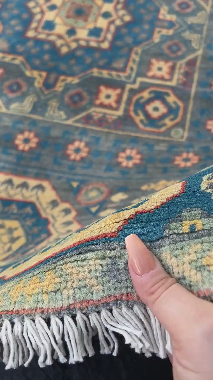 3x5 Fair Trade Handmade Afghan Rug | Denim Blue Cream Saffron Beige Teal Grey Orange Cornsilk | Hand Knotted Oriental Wool Oushak Bohemian