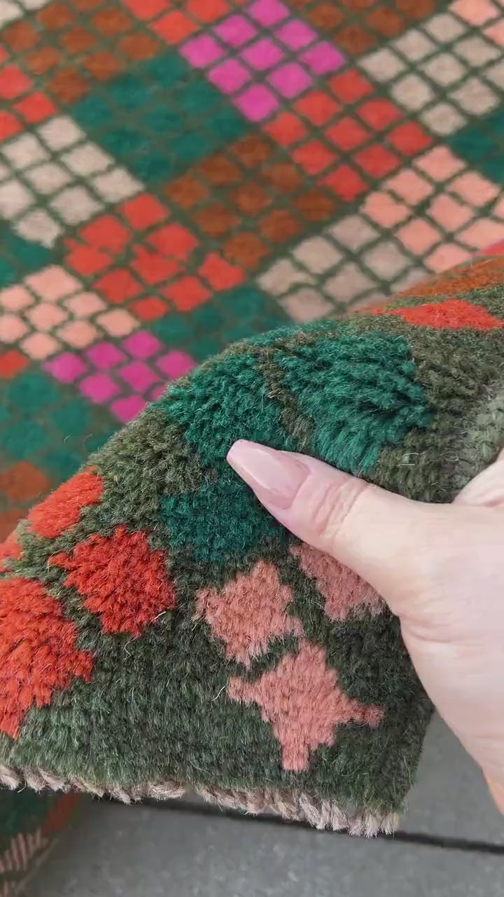 3x10 (90x305) Handmade Vintage Baluch Afghan Runner Rug | Pine Green Rose Blush Pink Grey Burnt Orange Chocolate Brown | Geometric Wool