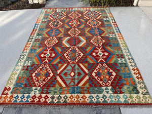 6x8 Orange White Olive Pistachio Green Blue Afghan Kilim Rug | Handmade Hand Knotted | Boho Bohemian Vintage Tribal Moroccan Turkish Outdoor