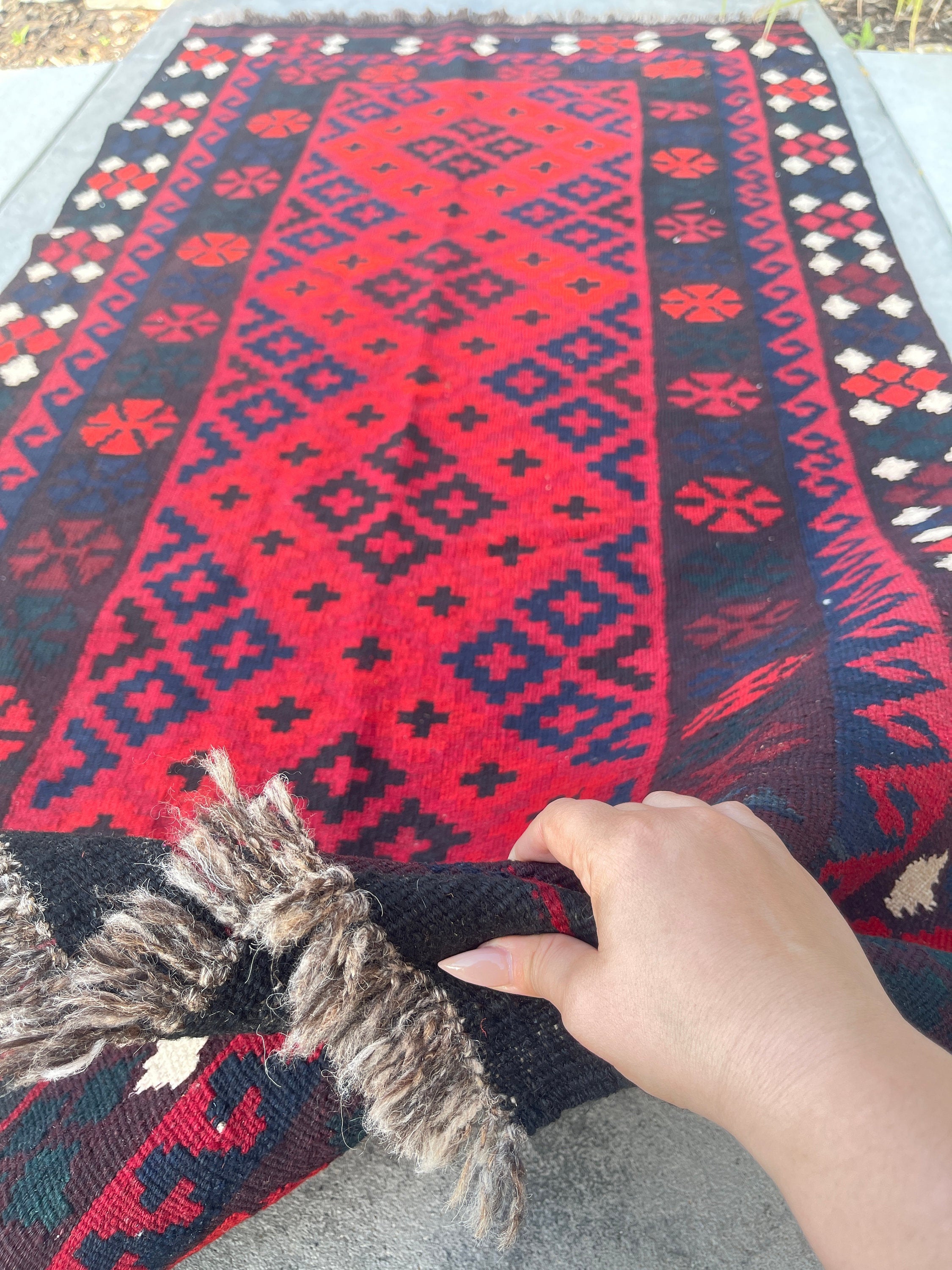 4x7 (120x215) Orange Red White Navy Blue Black Kilim Flatweave Vintage Afghan Rug | Boho Bohemian Outdoor Tribal Turkish Moroccan Nomadic
