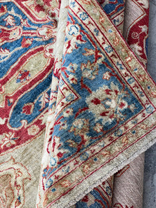 6x8 Cream Ivory Blue Red Handmade Afghan Rug | Boho Turkish Oushak Vintage Persian Tribal Hand Knotted