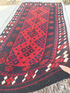 4x7 (120x215) Orange Red White Navy Blue Black Kilim Flatweave Vintage Afghan Rug | Boho Bohemian Outdoor Tribal Turkish Moroccan Nomadic