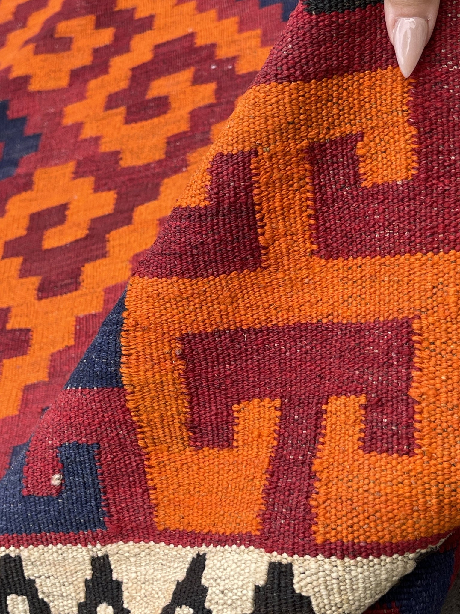 7x11 (210x322) Vintage Kilim Flatweave Afghan Rug | Red White Blue Black Orange| Bohemian Outdoor Tribal Turkish Moroccan