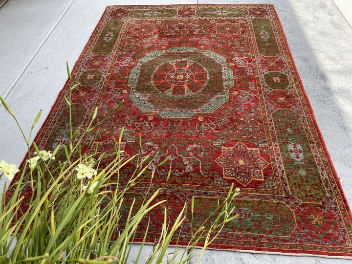 5x7 (150x215) Handmade Vintage Turkish Rug | Red Green Mint | Turkish Oushak Boho Tribal Persian Oriental Bohemian Hand Knotted