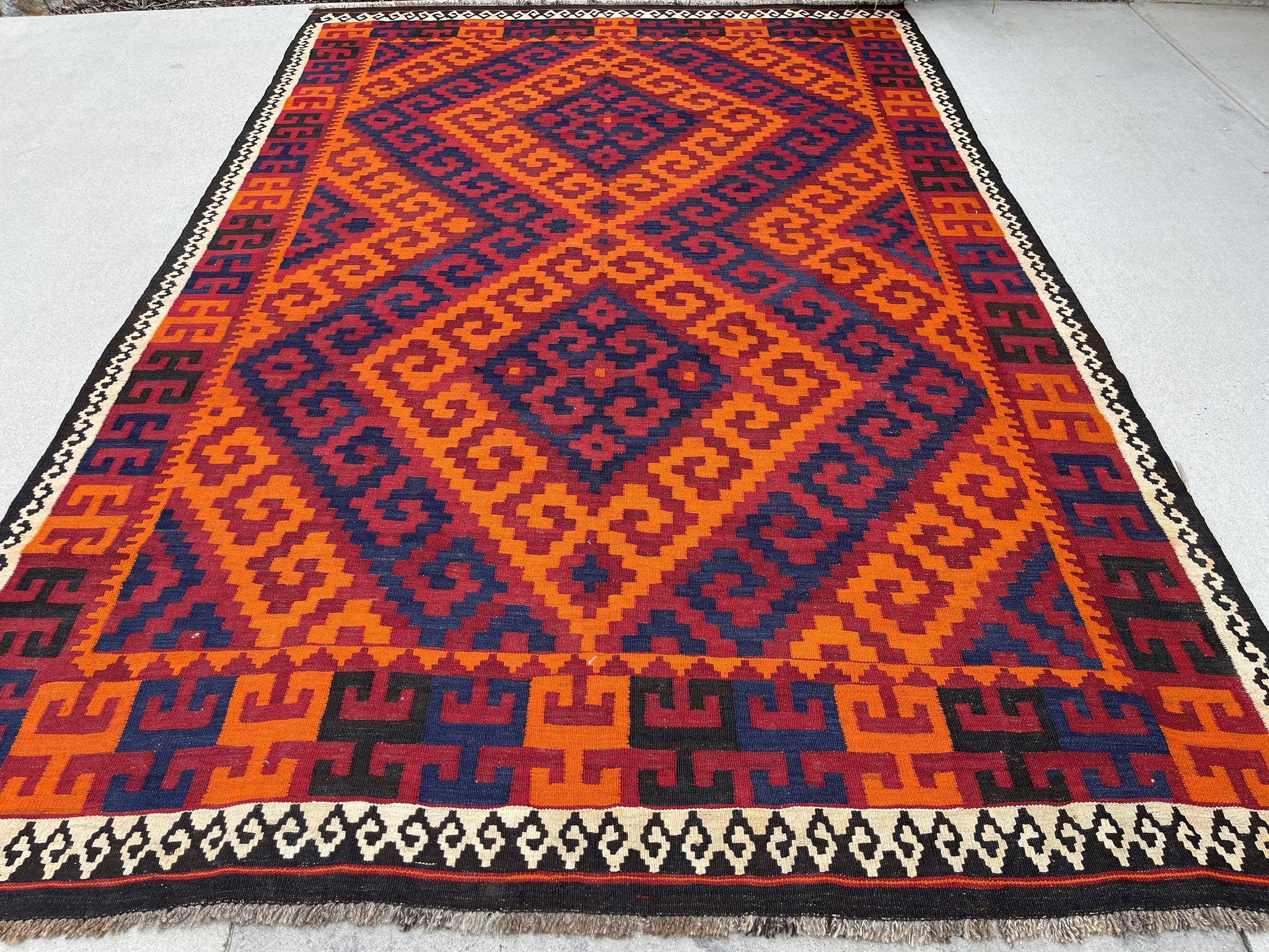 7x11 (210x322) Vintage Kilim Flatweave Afghan Rug | Red White Blue Black Orange| Bohemian Outdoor Tribal Turkish Moroccan
