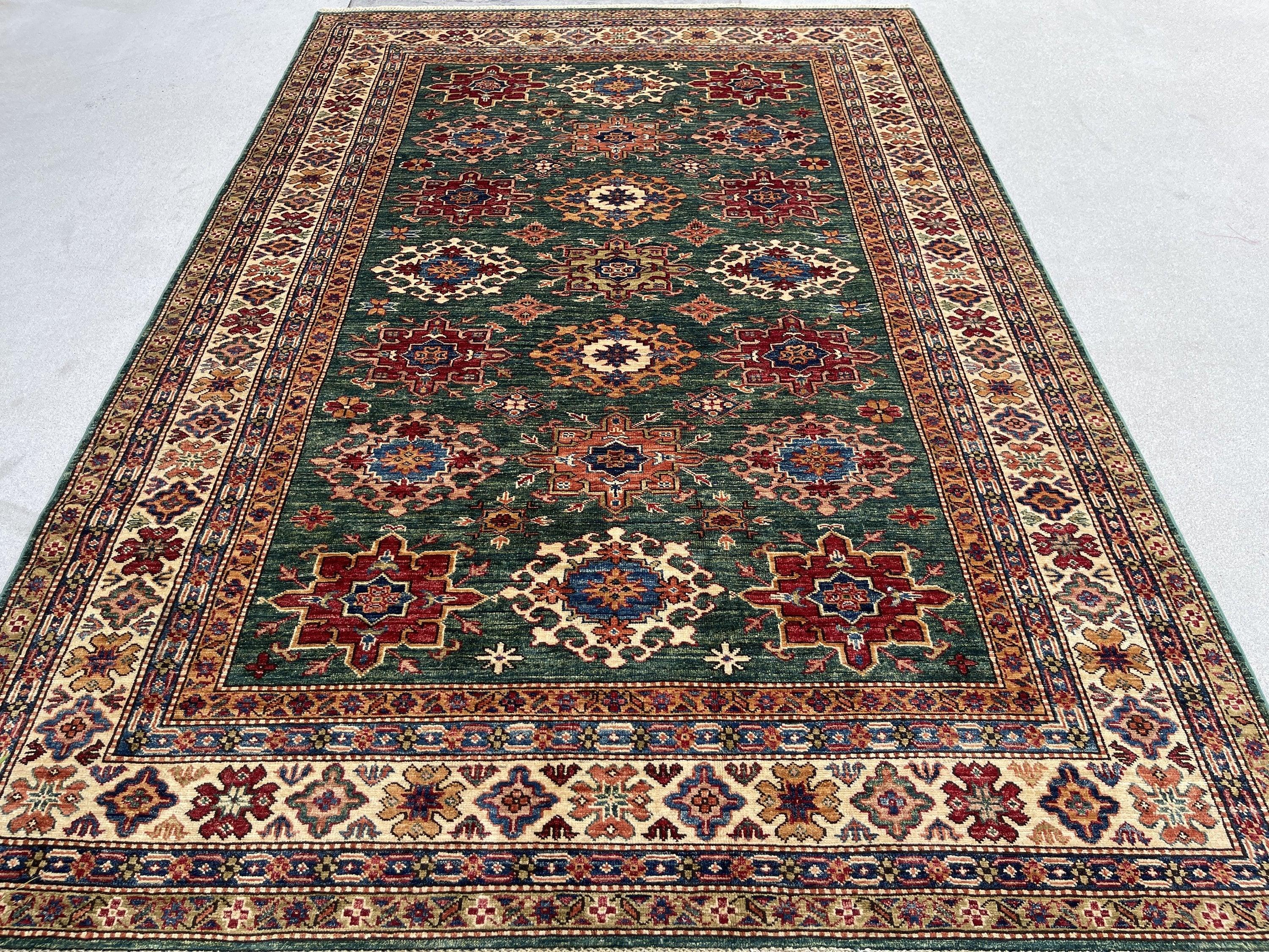 6x9 (180x275) Handmade Afghan Rug | Green Ivory Red Yellow Blue | Turkish Oushak Tribal Boho Kazak Persian Serapi Heriz Wool Bohemian