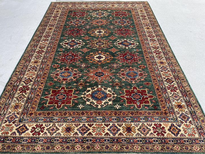 6x9 (180x275) Handmade Afghan Rug | Green Ivory Red Yellow Blue | Turkish Oushak Tribal Boho Kazak Persian Serapi Heriz Wool Bohemian