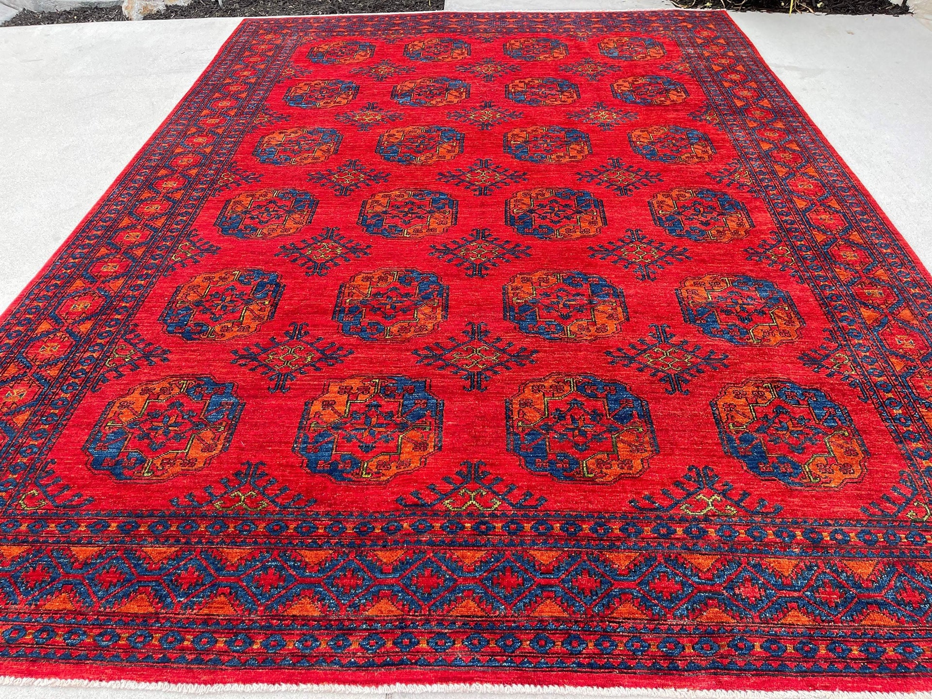 8x11 (240x335) Handmade Afghan Rug | Red Blue Brown | Turkish Oushak Persian Tribal Oriental Boho Wool Turkmen Turkoman Elephant Foot Woven