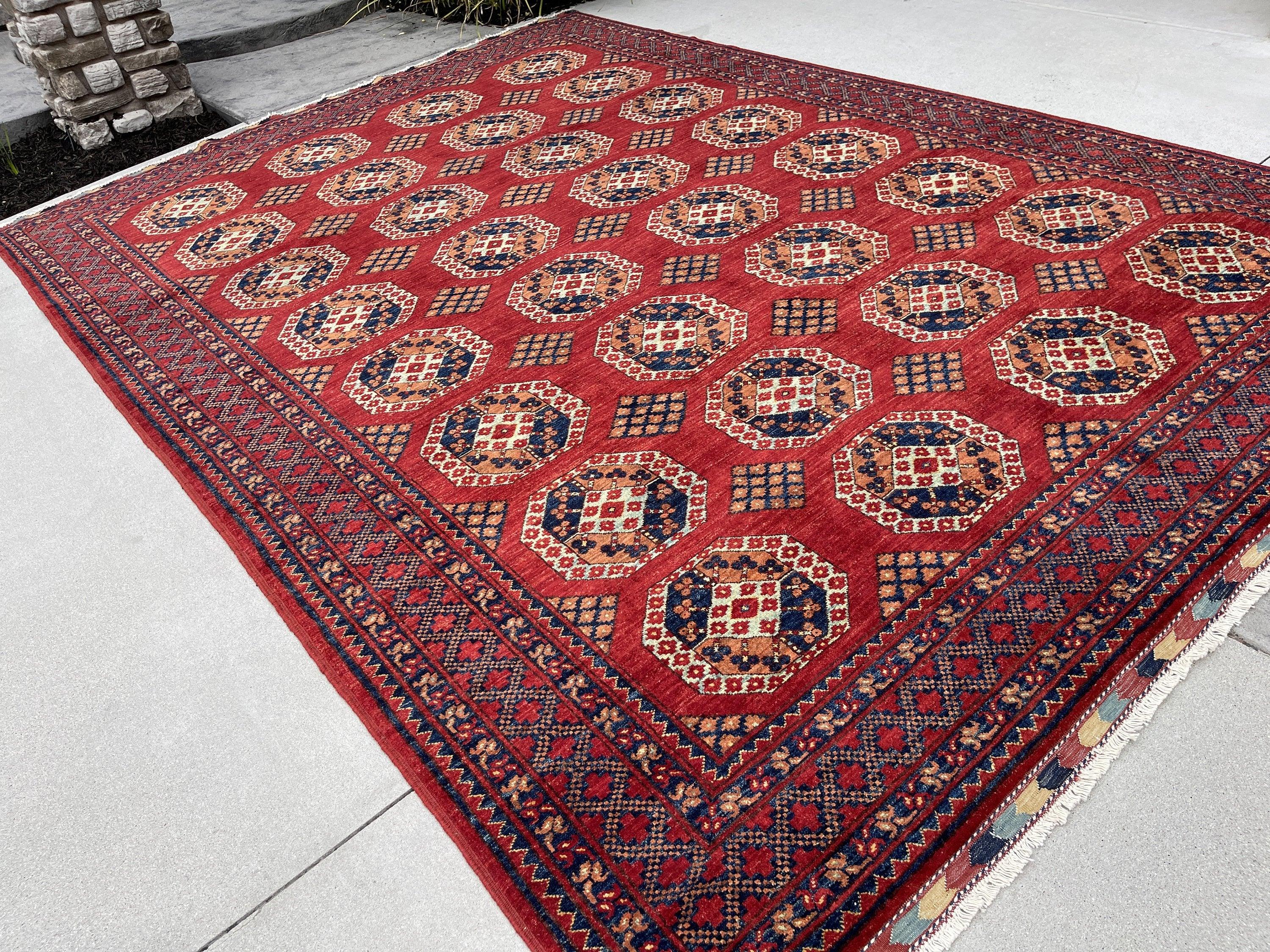 8x12 (240x335) Handmade Afghan Rug | Red Blue Brown Sage Green | Turkish Oushak Persian Tribal Oriental Boho Wool Turkmen Turkoman Knotted