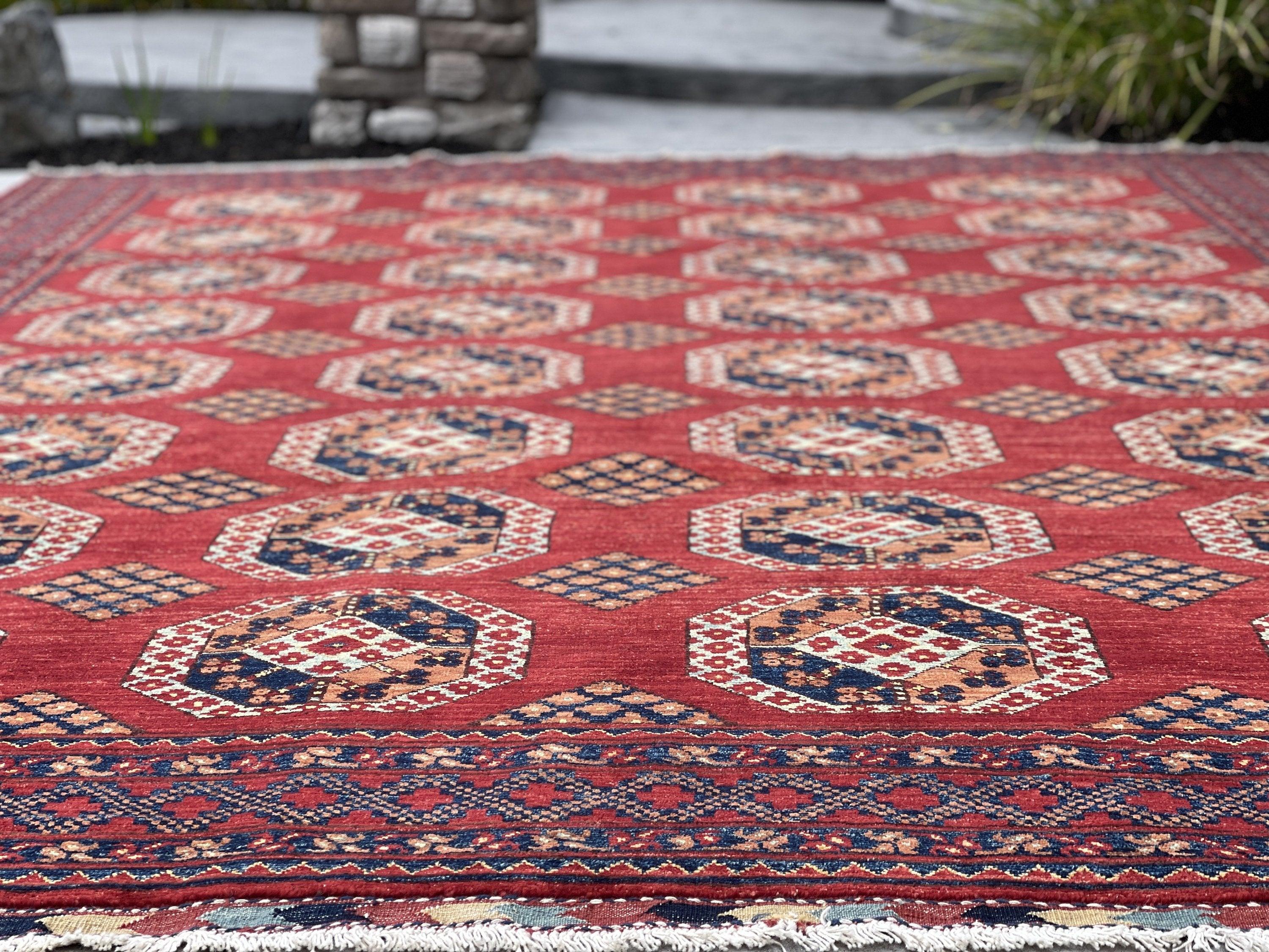 8x12 (240x335) Handmade Afghan Rug | Red Blue Brown Sage Green | Turkish Oushak Persian Tribal Oriental Boho Wool Turkmen Turkoman Knotted