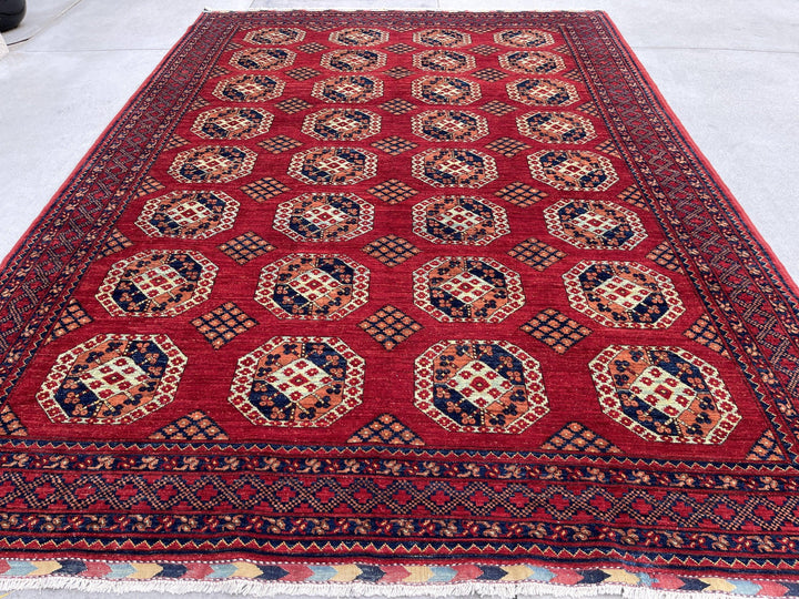 8x12 (240x335) Handmade Afghan Rug | Red Blue Brown Sage Green | Turkish Oushak Persian Tribal Oriental Boho Wool Turkmen Turkoman Knotted