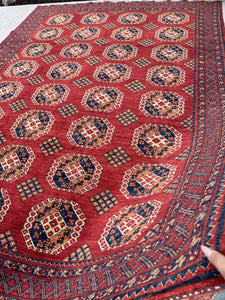 8x12 (240x335) Handmade Afghan Rug | Red Blue Brown Sage Green | Turkish Oushak Persian Tribal Oriental Boho Wool Turkmen Turkoman Knotted