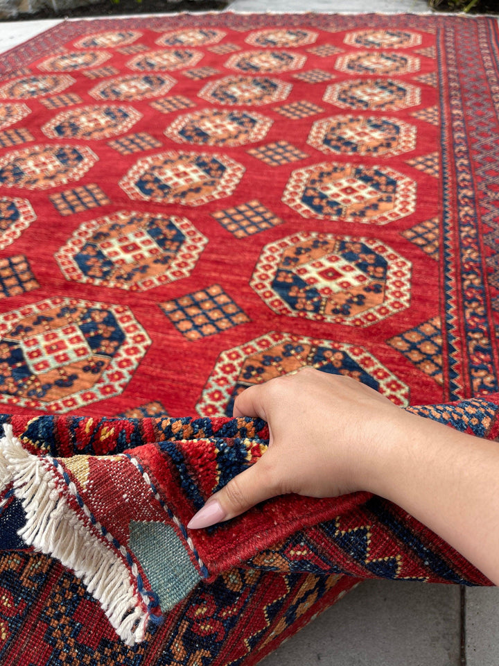 8x12 (240x335) Handmade Afghan Rug | Red Blue Brown Sage Green | Turkish Oushak Persian Tribal Oriental Boho Wool Turkmen Turkoman Knotted