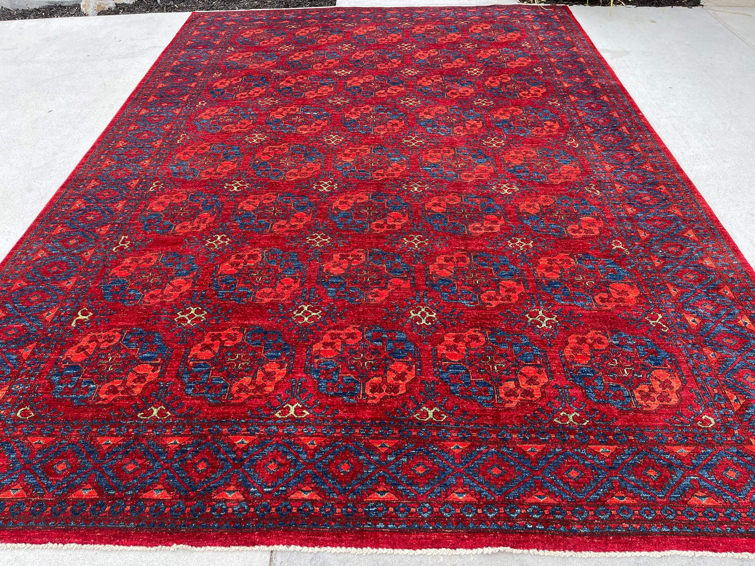 8x12 (250x350) Handmade Afghan Rug | Red Blue Orange Green | Turkish Oushak Persian Tribal Oriental Boho Wool Turkmen Turkoman Elephant Foot