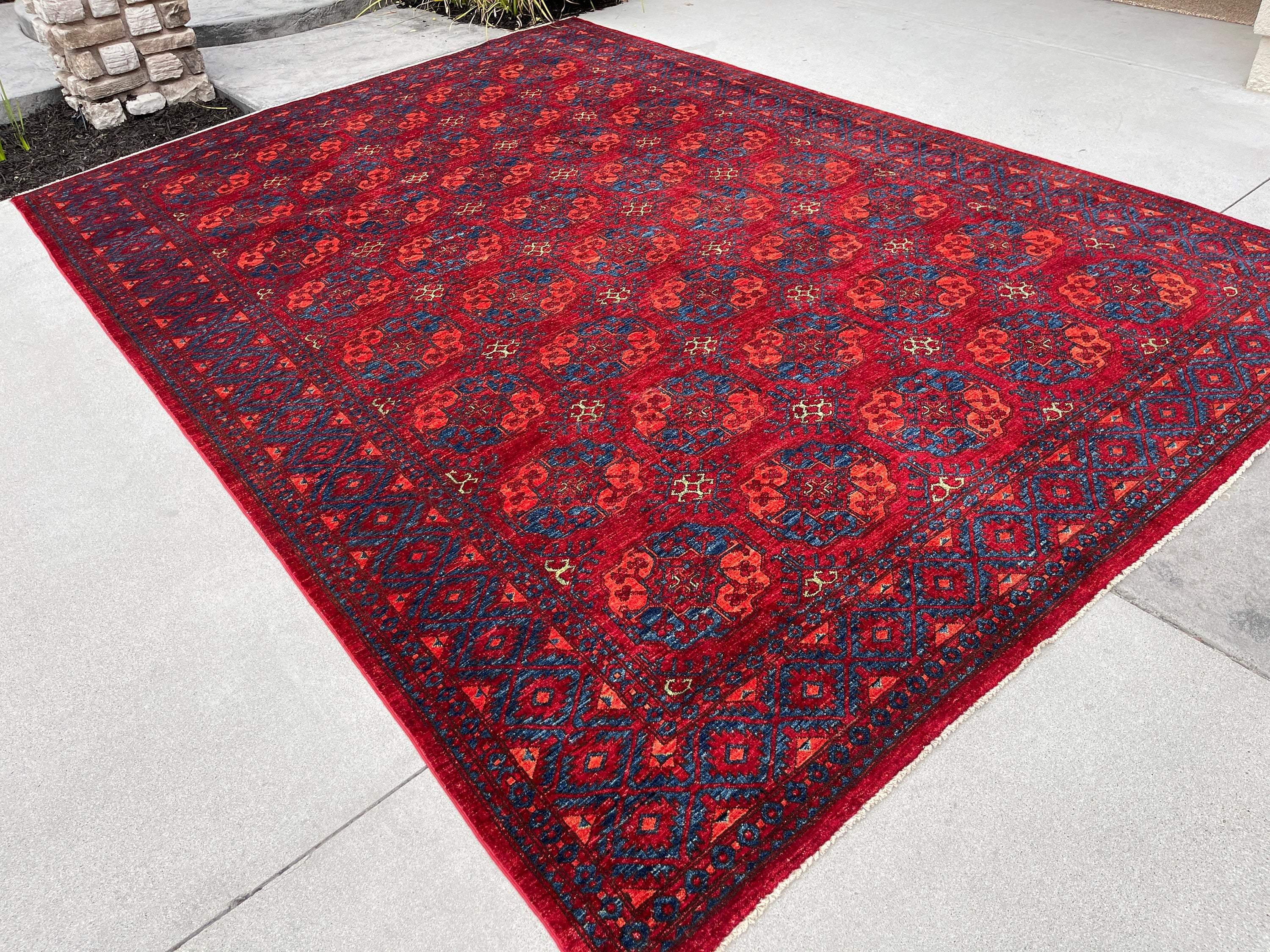 8x12 (250x350) Handmade Afghan Rug | Red Blue Orange Green | Turkish Oushak Persian Tribal Oriental Boho Wool Turkmen Turkoman Elephant Foot