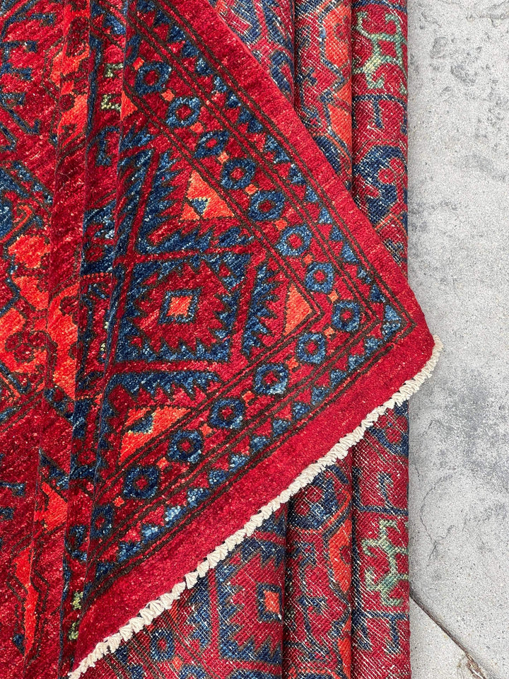 8x12 (250x350) Handmade Afghan Rug | Red Blue Orange Green | Turkish Oushak Persian Tribal Oriental Boho Wool Turkmen Turkoman Elephant Foot