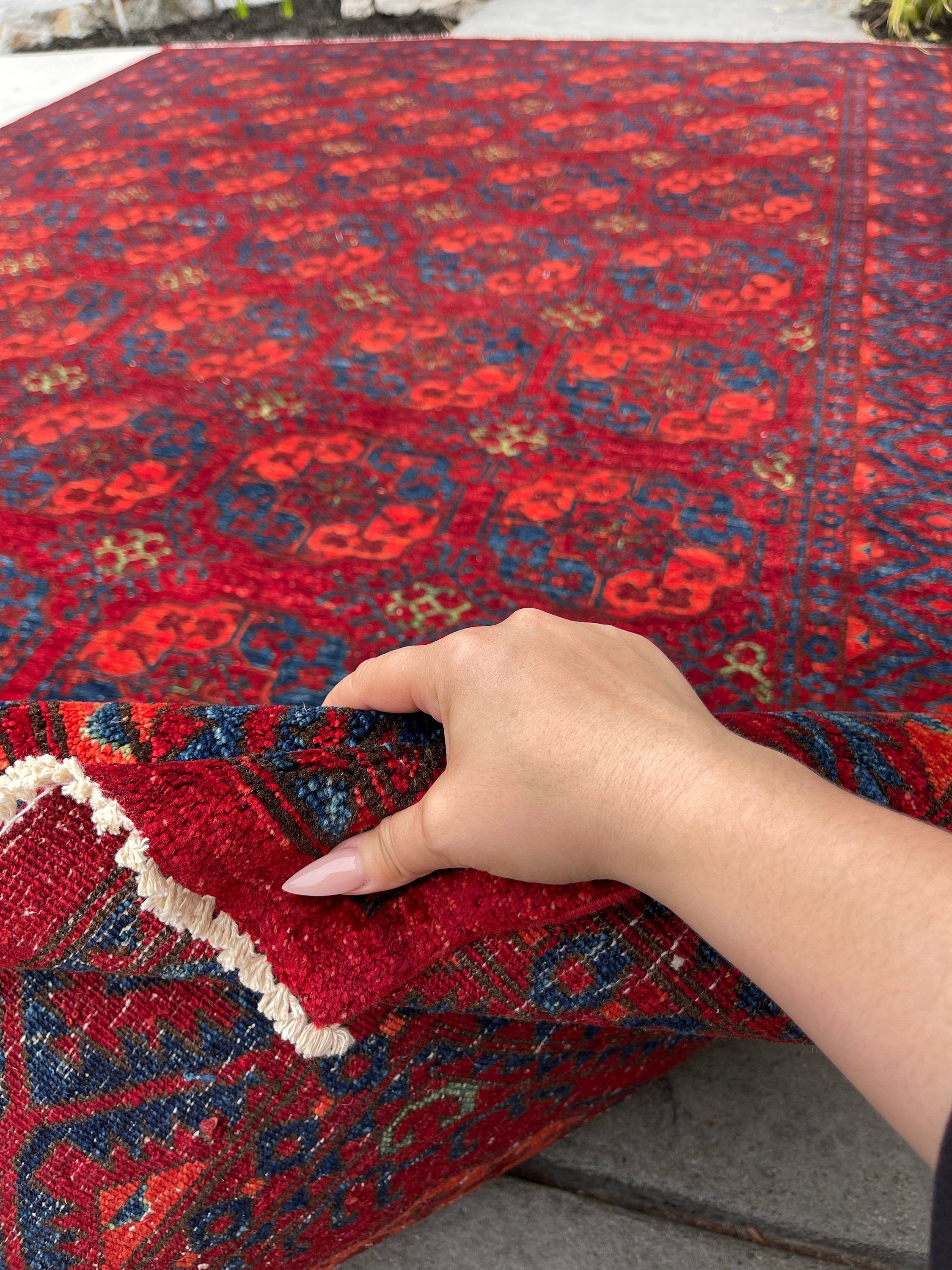8x12 (250x350) Handmade Afghan Rug | Red Blue Orange Green | Turkish Oushak Persian Tribal Oriental Boho Wool Turkmen Turkoman Elephant Foot