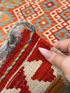 3x4 (100x150) Handmade Kilim Afghan Rug| Green Ivory Turquoise Teal Red Orange| Flat Weave Flatweave Tribal Nomadic Turkish Moroccan Outdoor