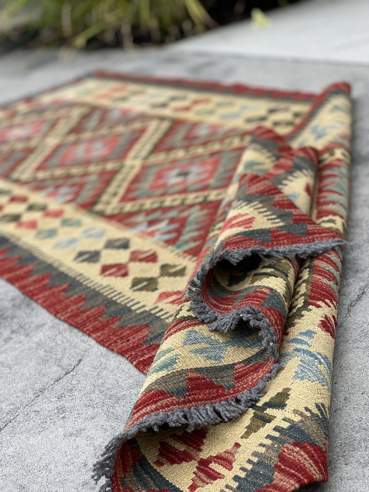 3x7 (100x200) Afghan Kilim Flatweave Rug | Red Orange Brown Teal Ivory Orange Green | Boho Bohemian Outdoor Tribal Turkish Moroccan Nomadic