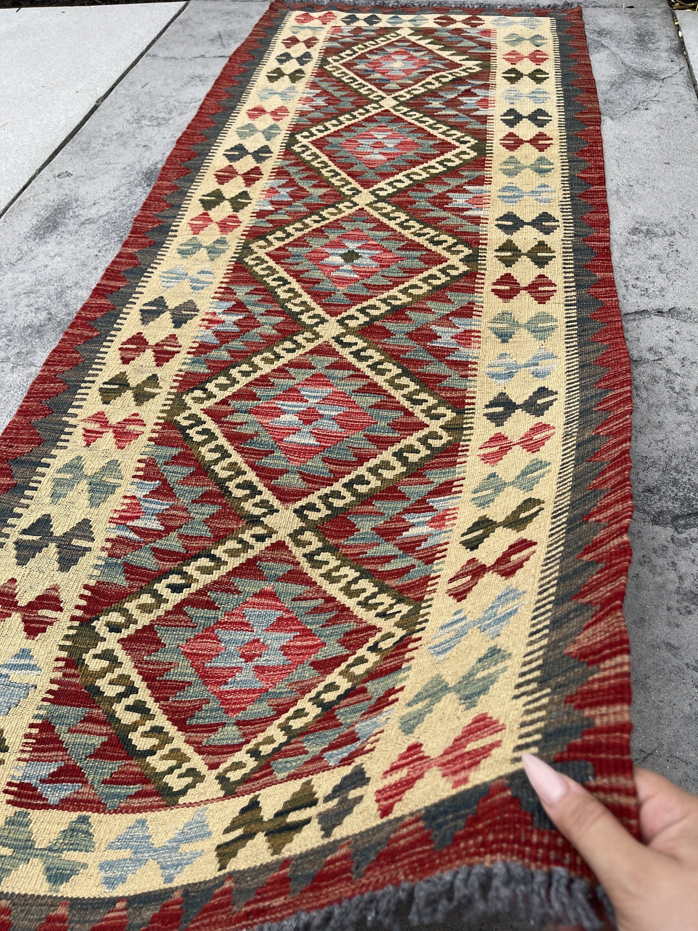 3x7 (100x200) Afghan Kilim Flatweave Rug | Red Orange Brown Teal Ivory Orange Green | Boho Bohemian Outdoor Tribal Turkish Moroccan Nomadic