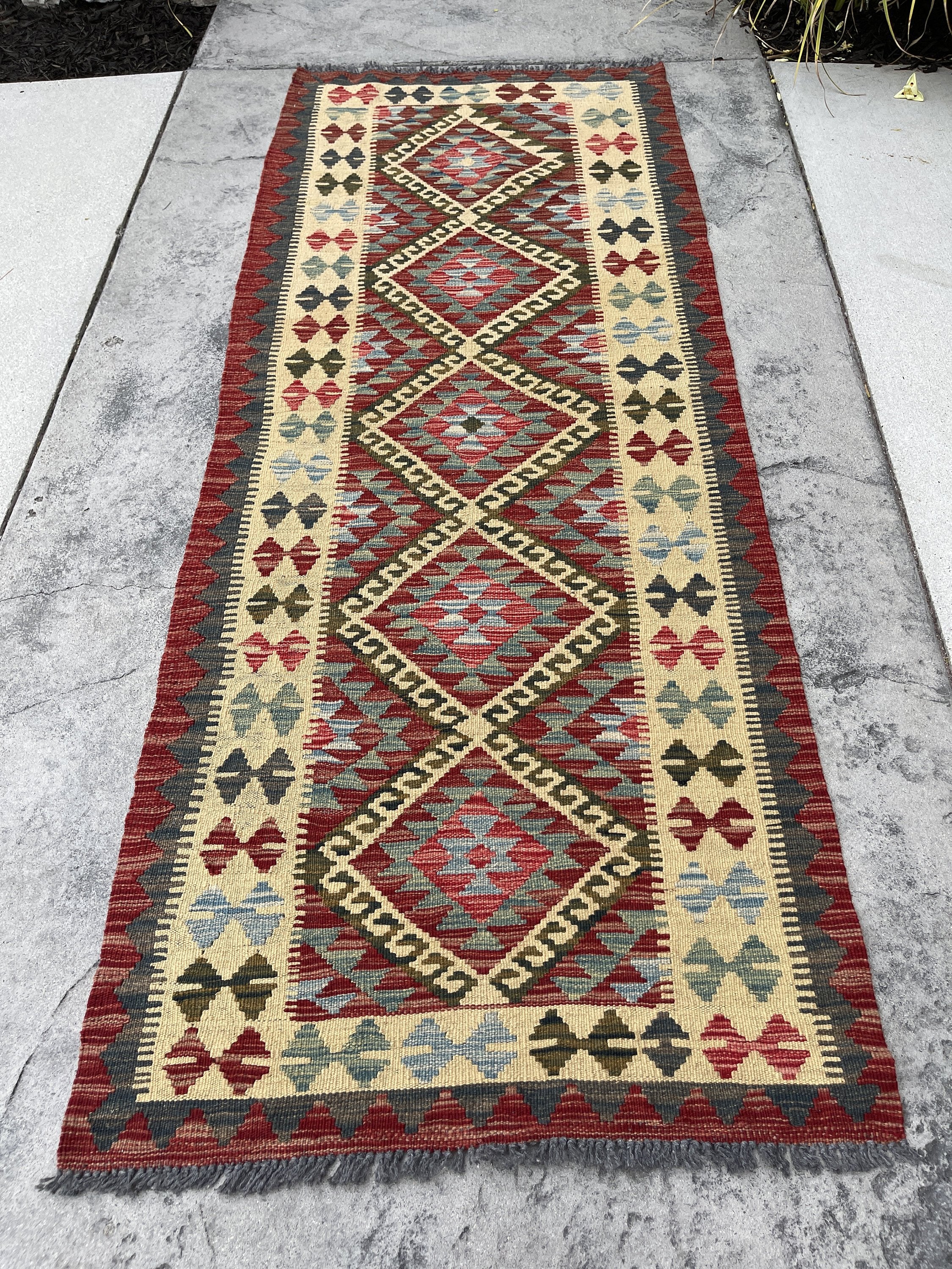 3x7 (100x200) Afghan Kilim Flatweave Rug | Red Orange Brown Teal Ivory Orange Green | Boho Bohemian Outdoor Tribal Turkish Moroccan Nomadic