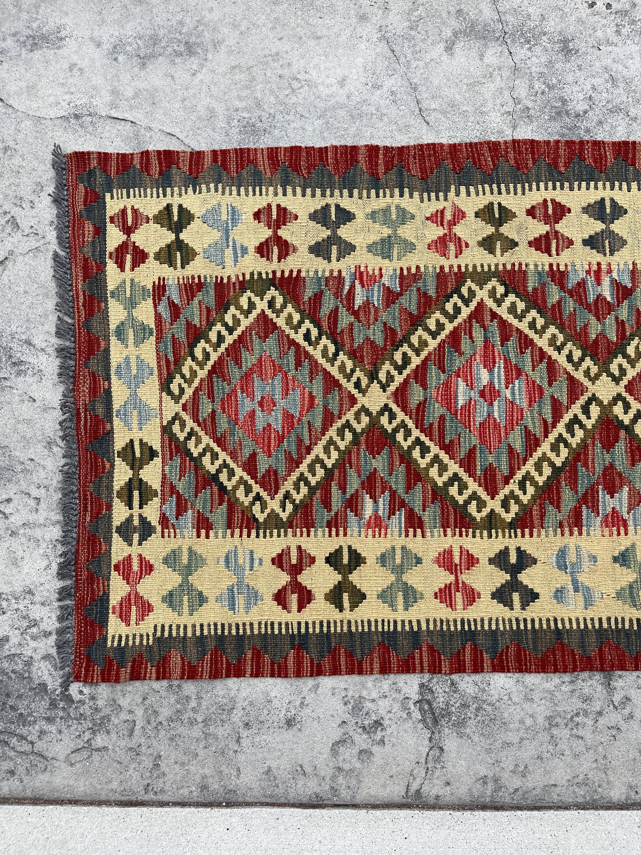 3x7 (100x200) Afghan Kilim Flatweave Rug | Red Orange Brown Teal Ivory Orange Green | Boho Bohemian Outdoor Tribal Turkish Moroccan Nomadic
