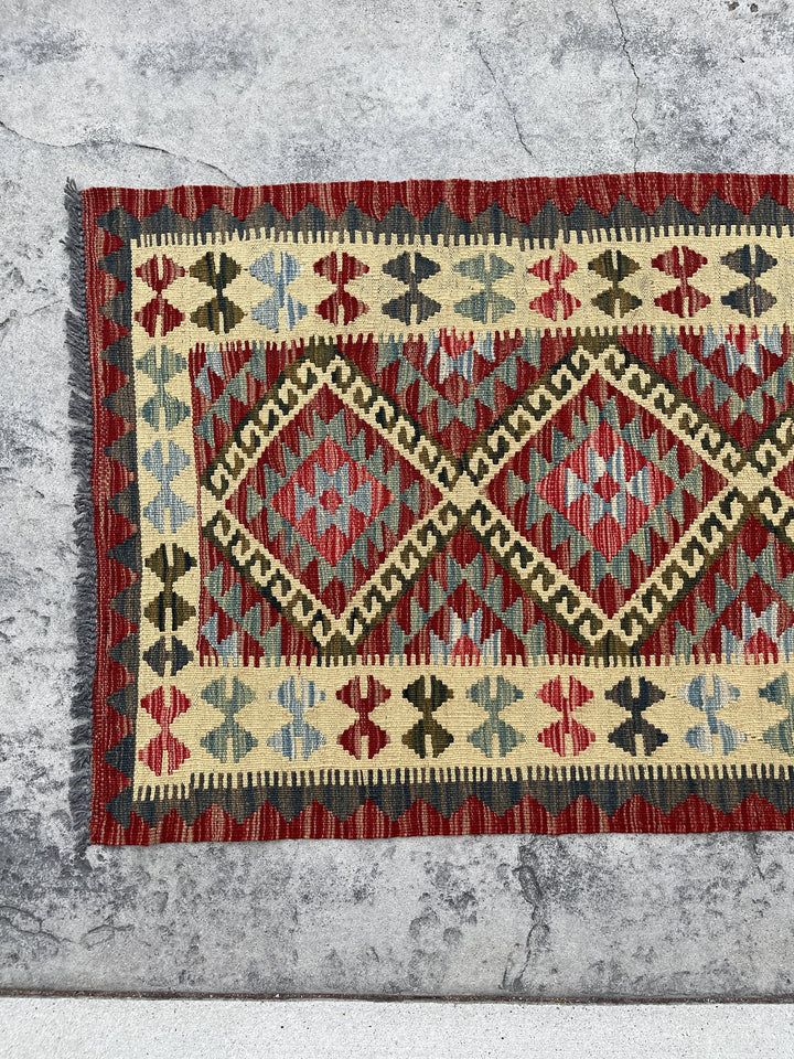 3x7 (100x200) Afghan Kilim Flatweave Rug | Red Orange Brown Teal Ivory Orange Green | Boho Bohemian Outdoor Tribal Turkish Moroccan Nomadic
