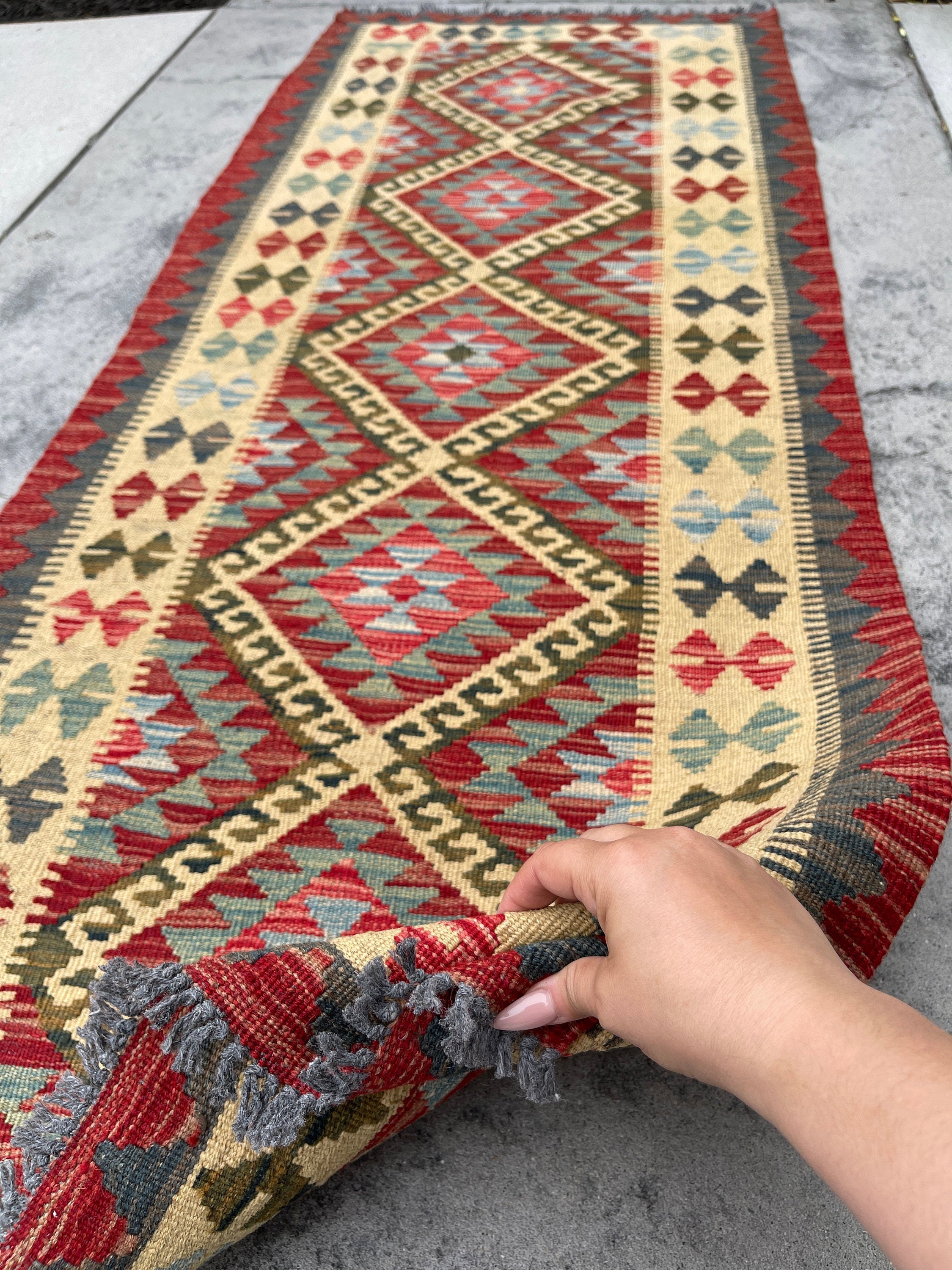 3x7 (100x200) Afghan Kilim Flatweave Rug | Red Orange Brown Teal Ivory Orange Green | Boho Bohemian Outdoor Tribal Turkish Moroccan Nomadic