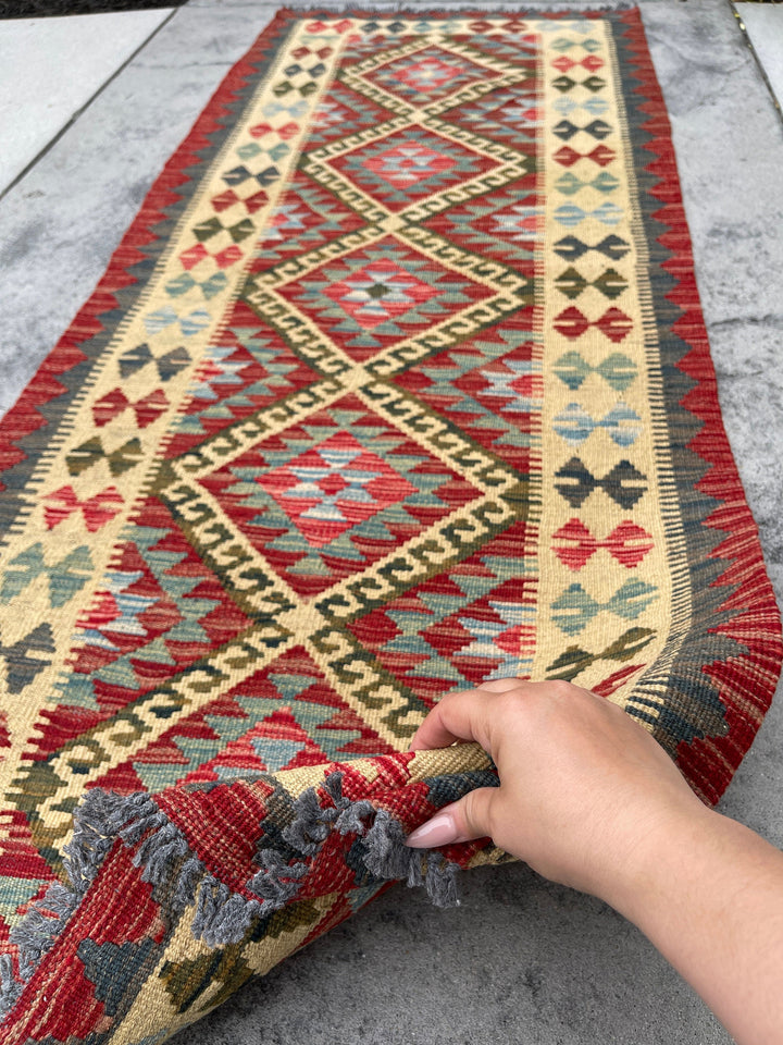 3x7 (100x200) Afghan Kilim Flatweave Rug | Red Orange Brown Teal Ivory Orange Green | Boho Bohemian Outdoor Tribal Turkish Moroccan Nomadic