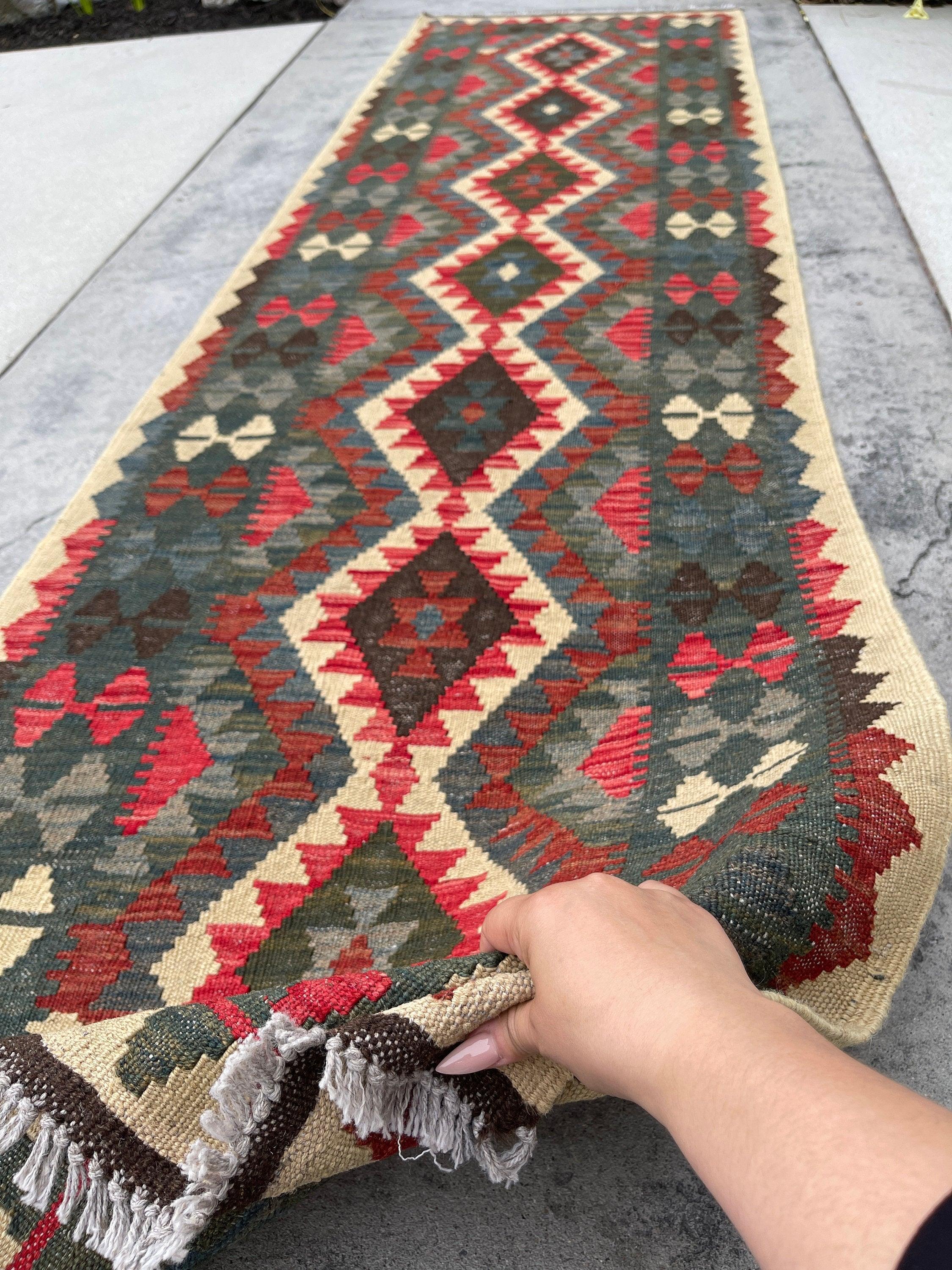 3x10 (90x305) Handmade Afghan Kilim Rug Runner | Salmon Pink Blue Red Forest Green Beige Redwood | Flatweave Flat Weave Tribal Oriental Boho