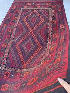 5x9 (160x274) Vintage Kilim Flatweave Afghan Rug | Red White Light Blue Black Green Orange| Bohemian Outdoor Tribal Turkish Moroccan