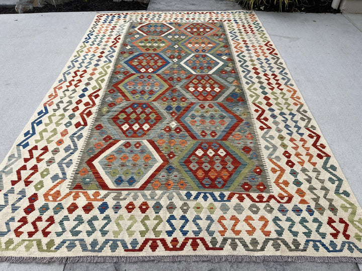 6x10 (180x305) Handmade Afghan Kilim Flatweave Rug | Ivory Cream Green Colorful | Boho Tribal Moroccan Outdoor Wool Knotted Flatweave