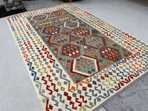 6x10 (180x305) Handmade Afghan Kilim Flatweave Rug | Ivory Cream Green Colorful | Boho Tribal Moroccan Outdoor Wool Knotted Flatweave