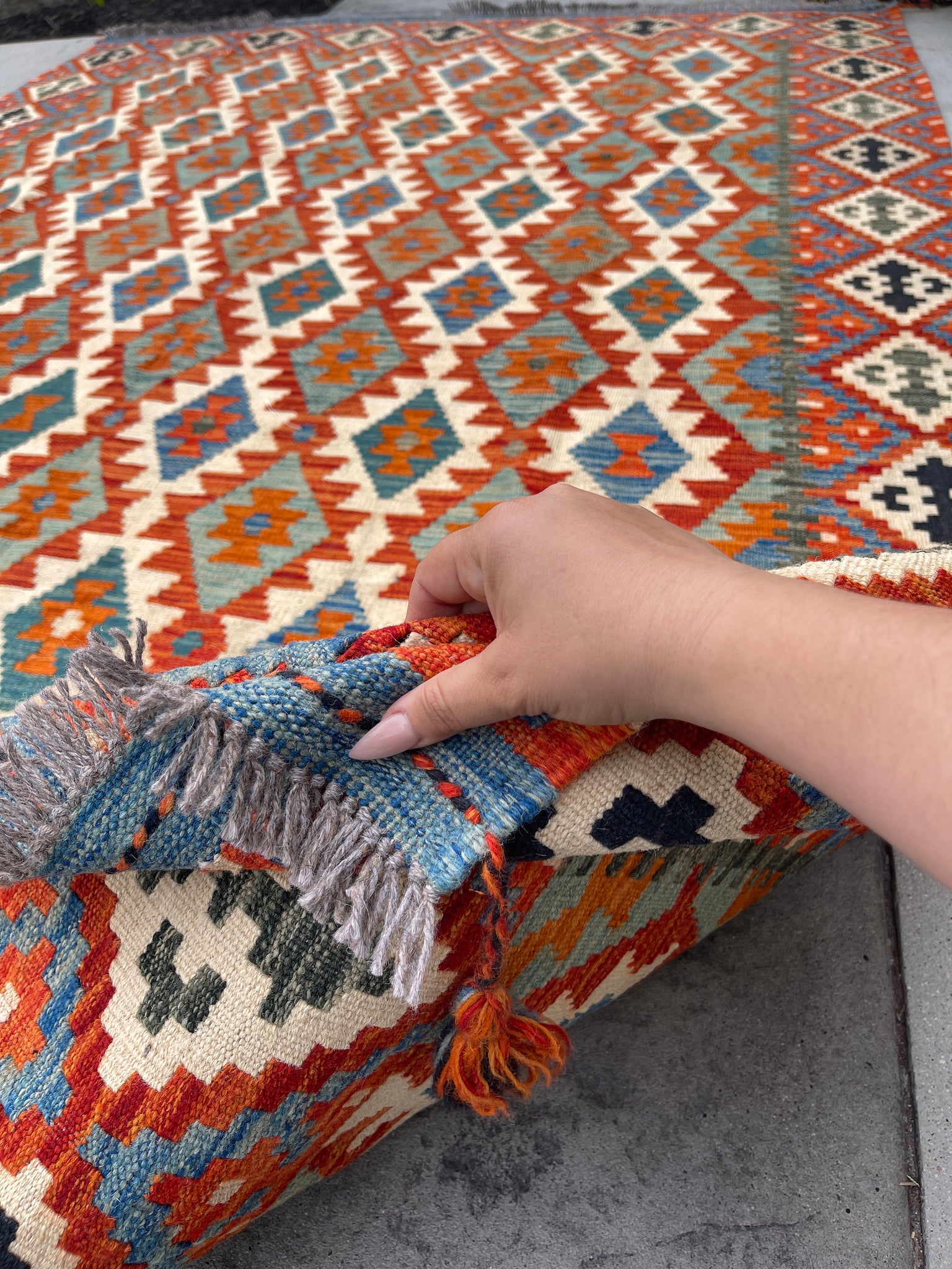 7x10 (215x305) Handmade Afghan Kilim Flatweave Rug | Blue Orange Green Ivory| Boho Tribal Moroccan Outdoor Wool Knotted Woven