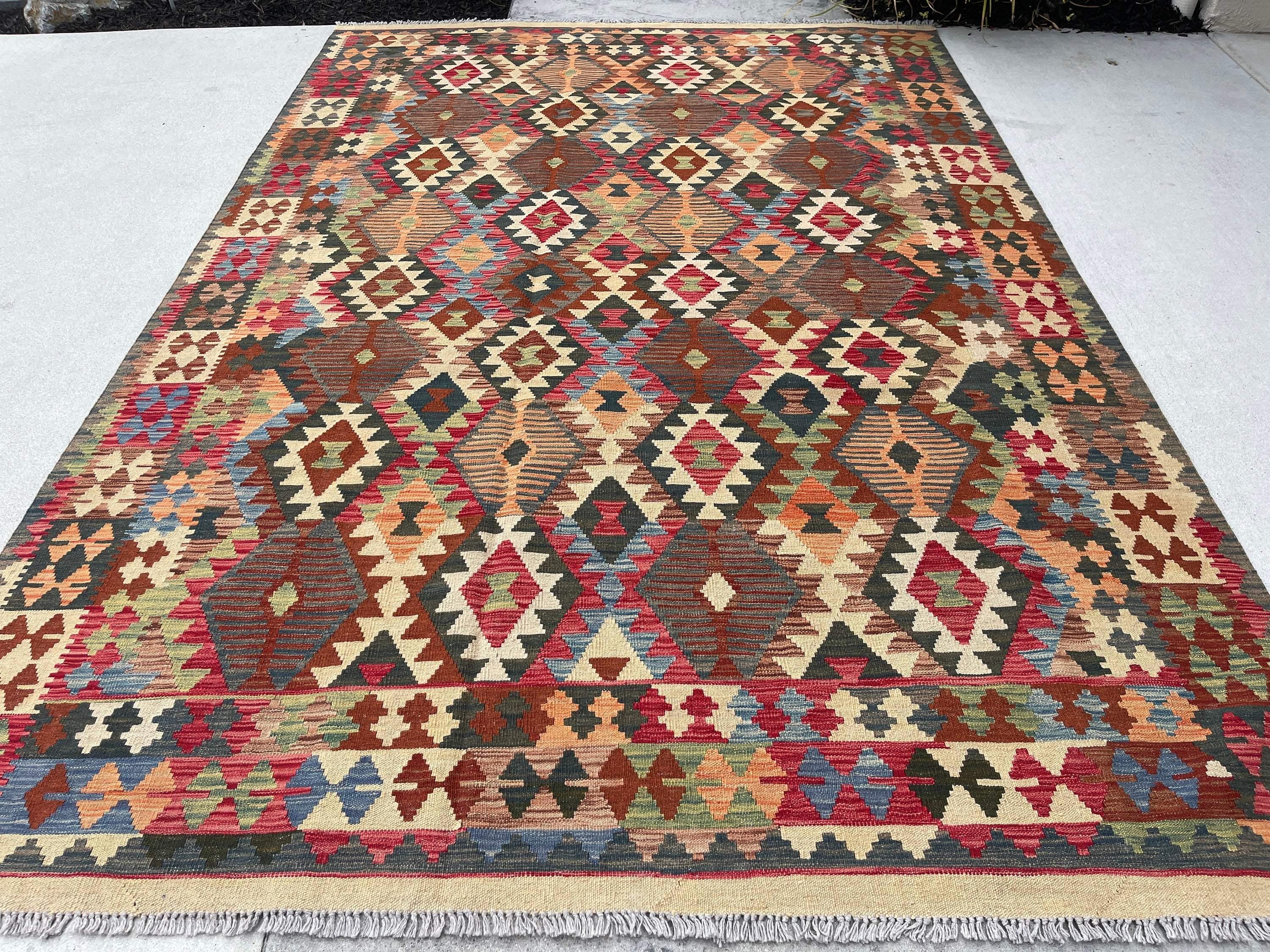 7x10 (215x305) Handmade Afghan Kilim Flatweave Rug | Orange Brown Red Ivory| Boho Tribal Moroccan Outdoor Wool Knotted Woven