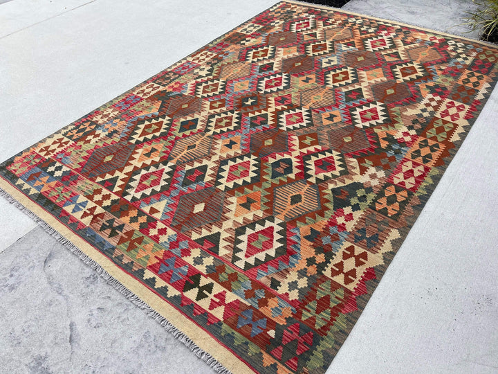 7x10 (215x305) Handmade Afghan Kilim Flatweave Rug | Orange Brown Red Ivory| Boho Tribal Moroccan Outdoor Wool Knotted Woven