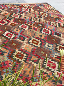7x10 (215x305) Handmade Afghan Kilim Flatweave Rug | Orange Brown Red Ivory| Boho Tribal Moroccan Outdoor Wool Knotted Woven