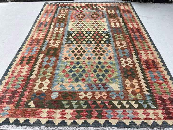 7x10 (215x305) Handmade Afghan Kilim Flatweave Rug | Brown Red Green| Boho Tribal Moroccan Outdoor Wool Knotted Woven Turkish Oushak Jute