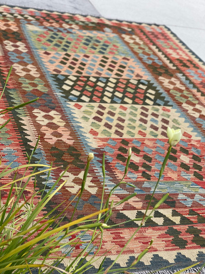 7x10 (215x305) Handmade Afghan Kilim Flatweave Rug | Brown Red Green| Boho Tribal Moroccan Outdoor Wool Knotted Woven Turkish Oushak Jute