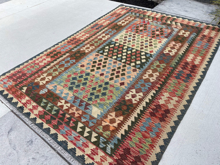 7x10 (215x305) Handmade Afghan Kilim Flatweave Rug | Brown Red Green| Boho Tribal Moroccan Outdoor Wool Knotted Woven Turkish Oushak Jute