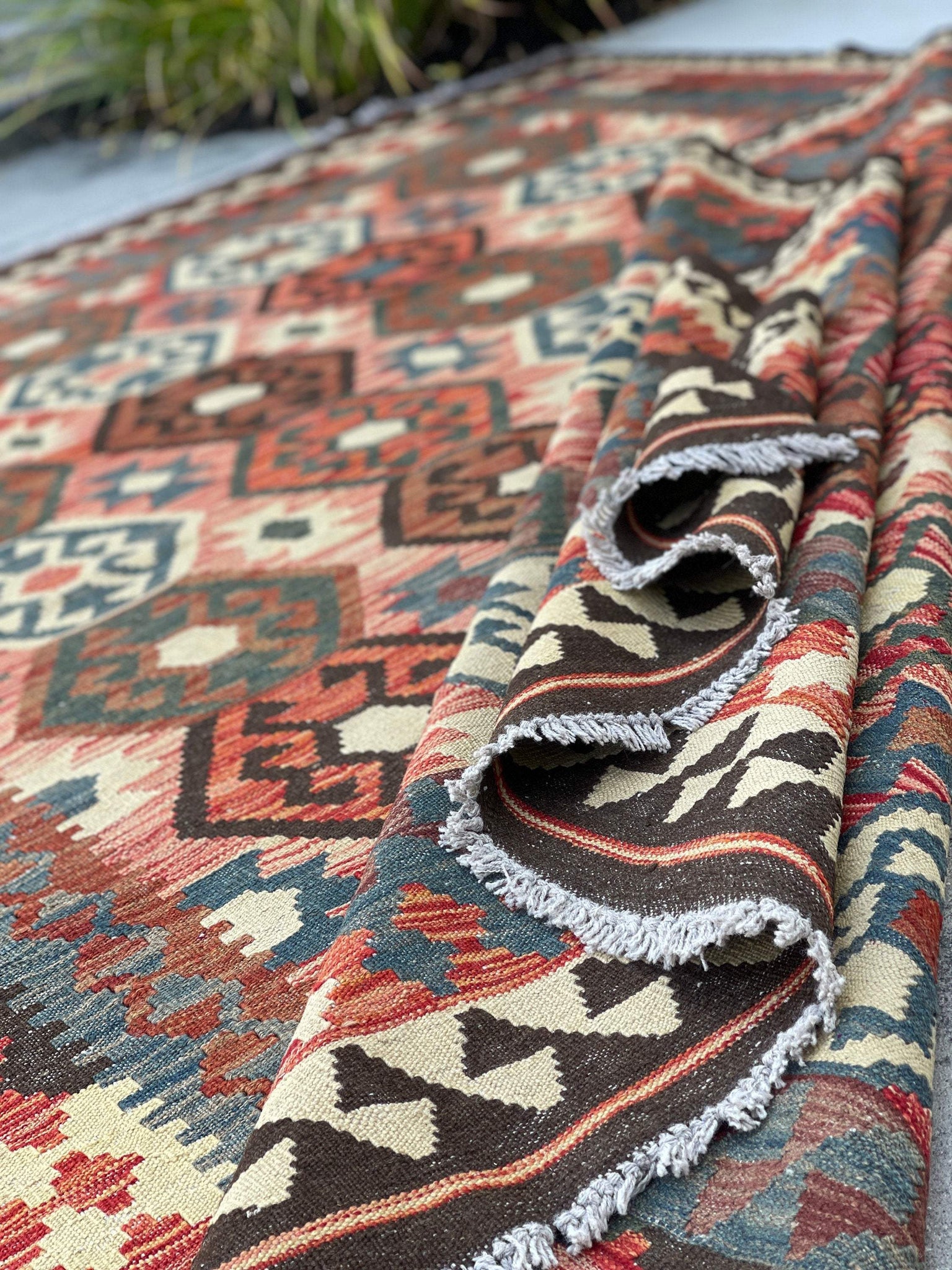 7x10 (215x305) Handmade Afghan Kilim Flatweave Rug | Red Blue Brown | Boho Tribal Moroccan Outdoor Wool Knotted Woven Jute Turkish