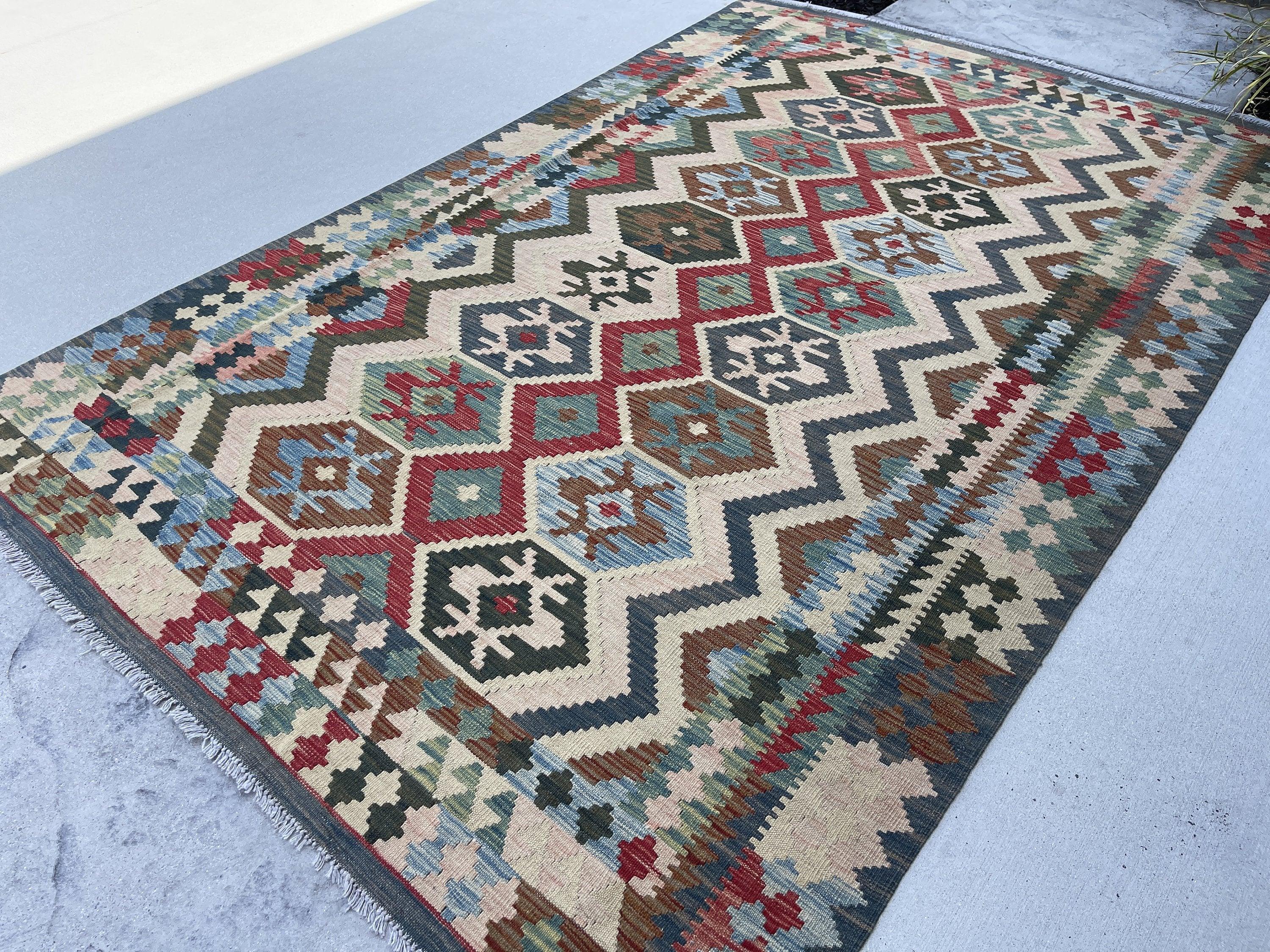 7x10 (215x305) Handmade Afghan Kilim Flatweave Rug | Teal Blue Red Ivory Brown | Boho Tribal Moroccan Outdoor Wool Knotted Woven